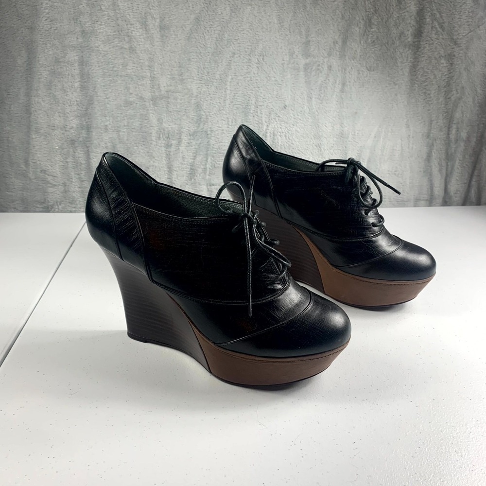 Laura Brandon Haley Womens Oxford Sz 9.5 Black Leather Platform Wedge Shoes